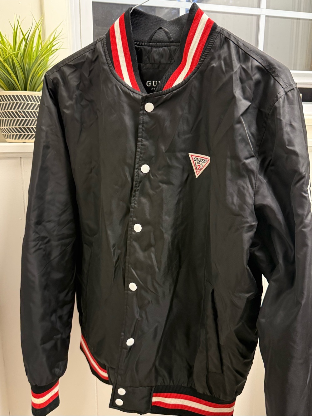 GUESS Men’s Black Satin Bomber Jacket with Red & White Striped Trim